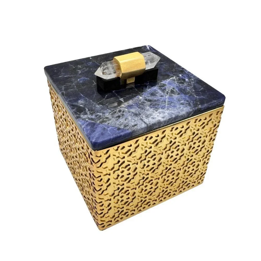 NEW Kendra Scott Ornate Jewelry Box  Gold Blue Sodalite Quartz Gold Tone Square